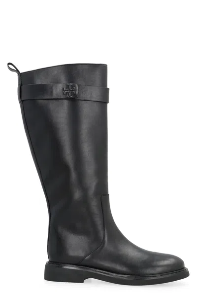 Tory Burch Double T Leather Tall Utility Boots In Black