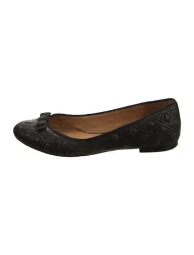 Pre-owned Tory Burch Leather Bow Accents Ballet Flats In Black