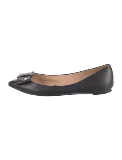 Pre-owned Tory Burch Leather Bow Accents Ballet Flats In Black
