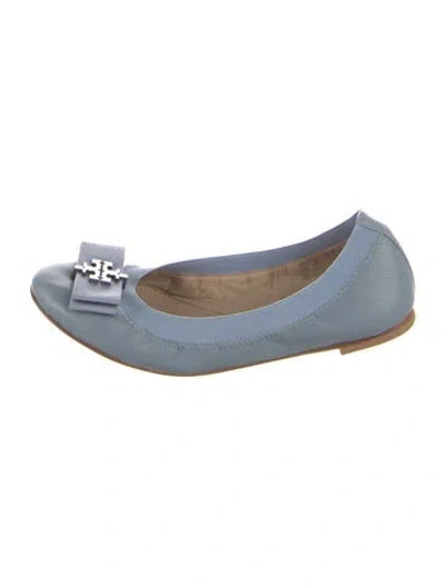 Pre-owned Tory Burch Leather Bow Accents Ballet Flats In Blue