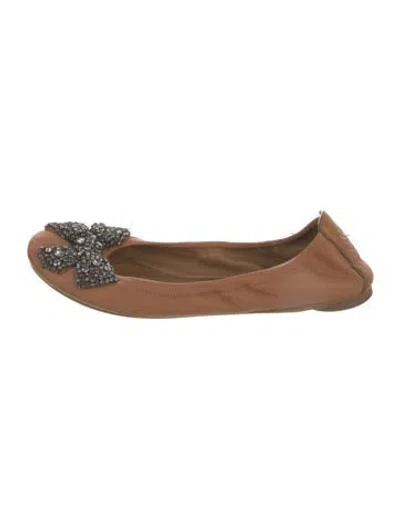 Pre-owned Tory Burch Leather Bow Accents Ballet Flats In Brown