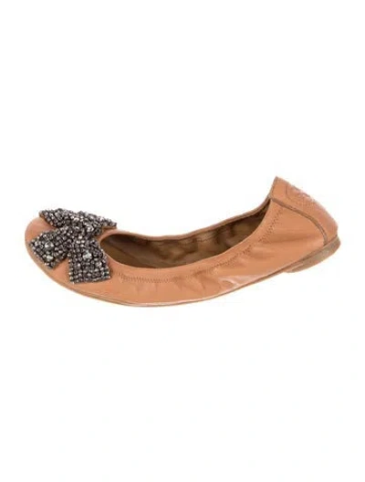Pre-owned Tory Burch Leather Bow Accents Ballet Flats In Brown