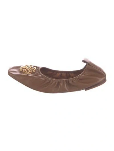 Pre-owned Tory Burch Leather Bow Accents Ballet Flats In Brown