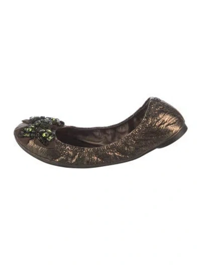 Pre-owned Tory Burch Leather Bow Accents Ballet Flats In Gold