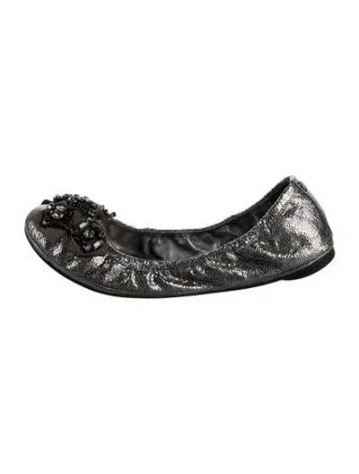 Pre-owned Tory Burch Leather Bow Accents Ballet Flats In Gray