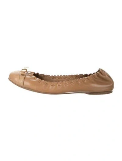 Pre-owned Tory Burch Leather Bow Accents Ballet Flats In Neutral