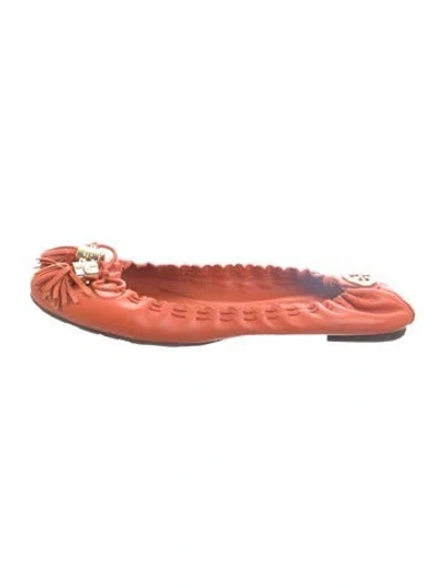 Pre-owned Tory Burch Leather Bow Accents Ballet Flats In Orange