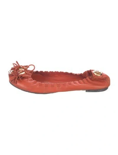 Pre-owned Tory Burch Leather Bow Accents Ballet Flats In Orange