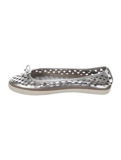 Pre-owned Tory Burch Leather Bow Accents Ballet Flats In Silver