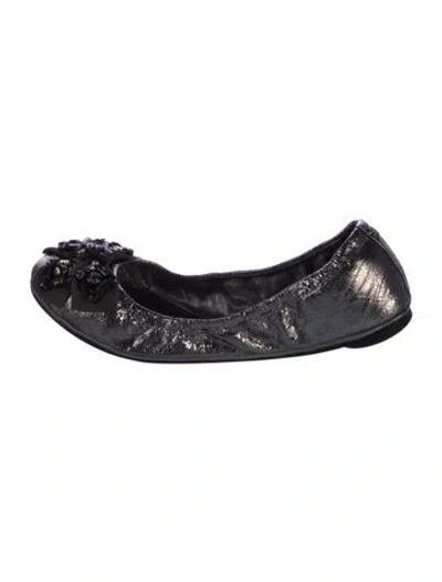 Pre-owned Tory Burch Leather Bow Accents Flats In Blue