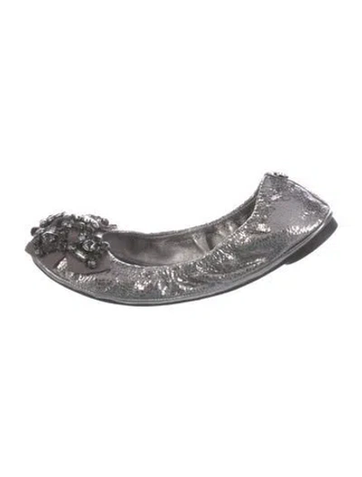 Pre-owned Tory Burch Leather Bow Accents Flats In Gray