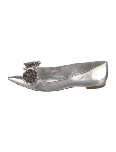 Pre-owned Tory Burch Leather Bow Accents Flats In Silver