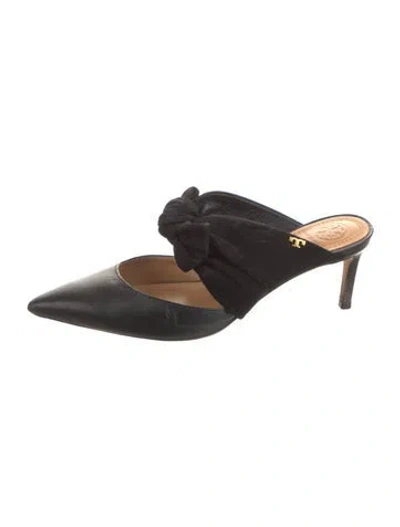 Pre-owned Tory Burch Leather Bow Accents Mules In Black