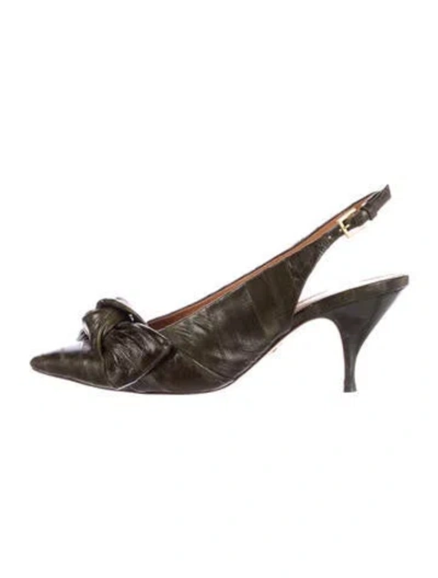 Pre-owned Tory Burch Leather Bow Accents Slingback Pumps In Green