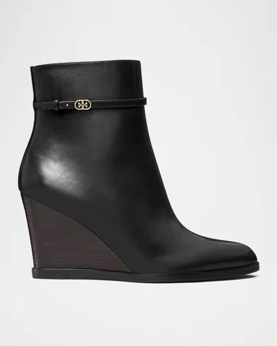 Tory Burch Leather Buckle Wedge Ankle Booties In Perfect Black