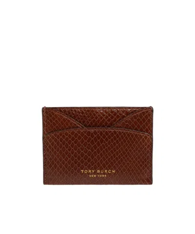 Tory Burch Romy Snake-embossed Flat Card Case In Brown