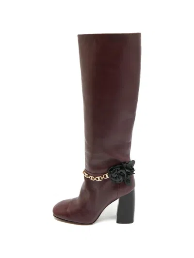 Pre-owned Tory Burch Leather Chain Knee-high Boots In Brown