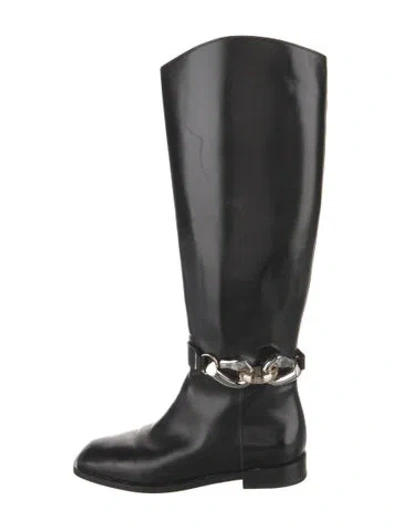 Pre-owned Tory Burch Leather Chain-link Accents Riding Boots In Black