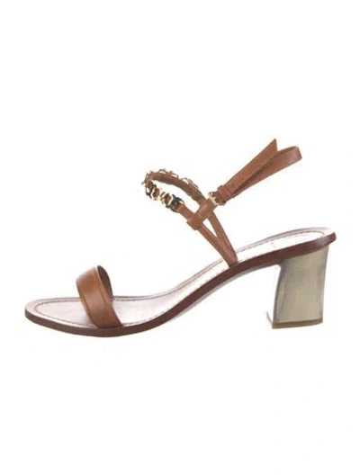 Pre-owned Tory Burch Leather Chain-link Accents Slingback Sandals In Neutral
