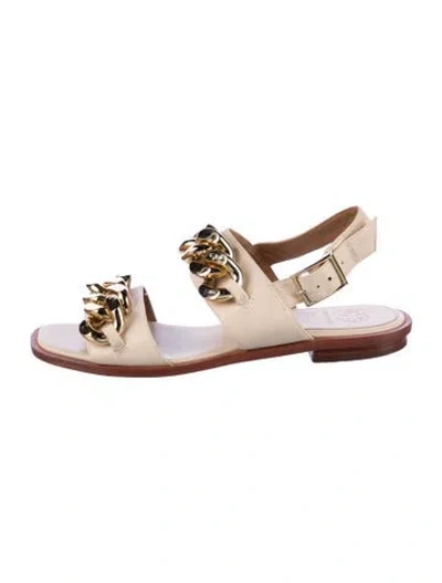 Pre-owned Tory Burch Leather Chain-link Accents Slingback Sandals In Neutral