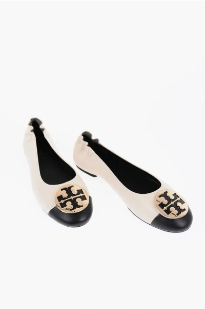 Tory Burch Leather Claire Ballet Flats With Golden-effect Monogram In Cream