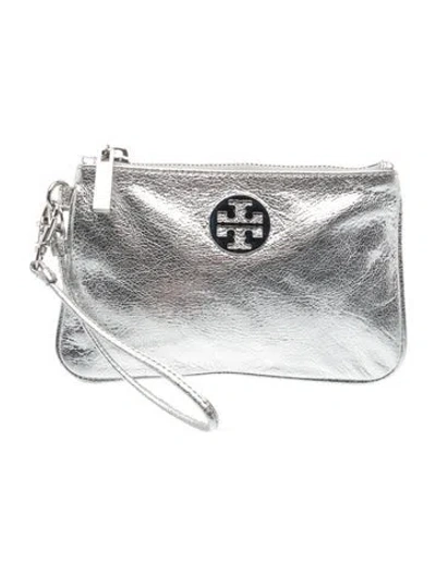 Pre-owned Tory Burch Leather Clutch In Metallic/silver