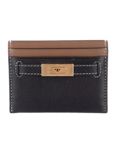 Pre-owned Tory Burch Leather Colorblock Pattern Card Holder In Black