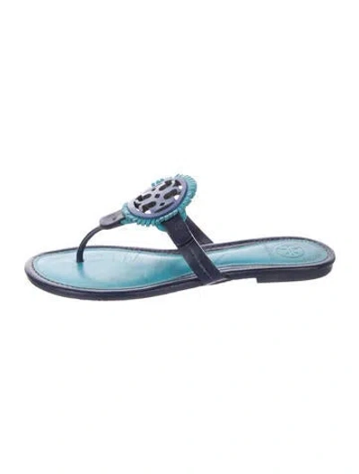 Pre-owned Tory Burch Leather Colorblock Pattern Flip Flops In Blue