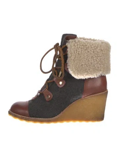 Pre-owned Tory Burch Leather Colorblock Pattern Lace-up Boots In Brown