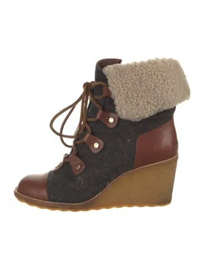 Pre-owned Tory Burch Leather Colorblock Pattern Lace-up Boots In Brown