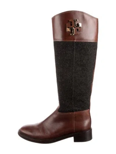 Pre-owned Tory Burch Leather Colorblock Pattern Riding Boots In Brown