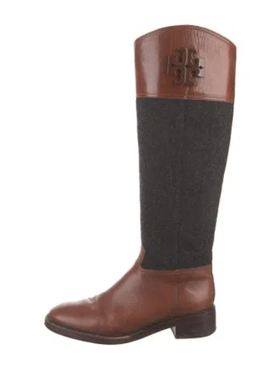 Pre-owned Tory Burch Leather Colorblock Pattern Riding Boots In Brown