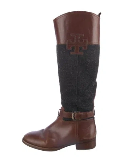 Pre-owned Tory Burch Leather Colorblock Pattern Riding Boots In Brown