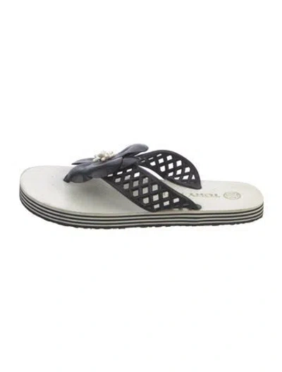 Pre-owned Tory Burch Leather Colorblock Pattern Slides In White