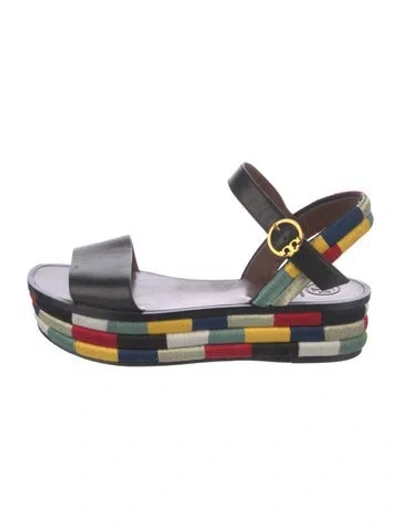 Pre-owned Tory Burch Leather Colorblock Pattern Slingback Sandals In Black
