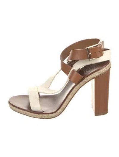 Pre-owned Tory Burch Leather Colorblock Pattern T-strap Sandals In Brown