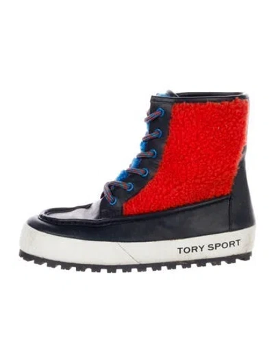 Pre-owned Tory Burch Leather Colorblock Pattern Wedge Sneakers In Red