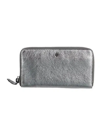 Pre-owned Tory Burch Leather Continental Wallet In Silver