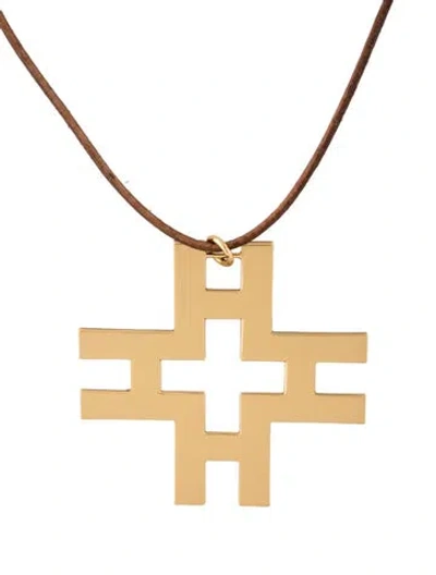 Pre-owned Tory Burch Leather Cord Pendant Necklace, 32" In Brown