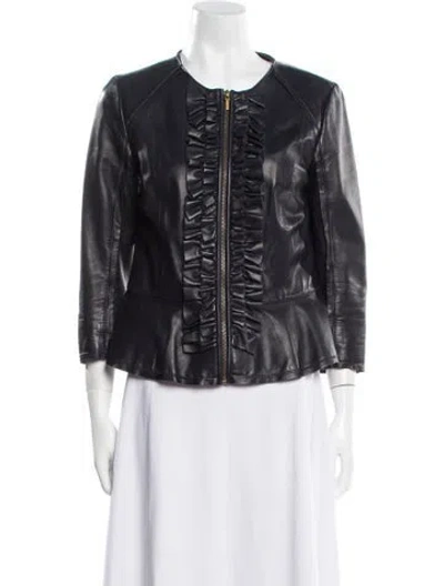 Pre-owned Tory Burch Leather Crew Neck Button-up Top In Black