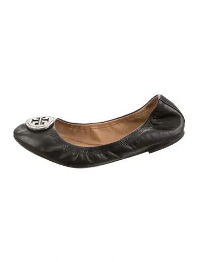 Pre-owned Tory Burch Leather Crystal Embellishments Ballet Flats In Black