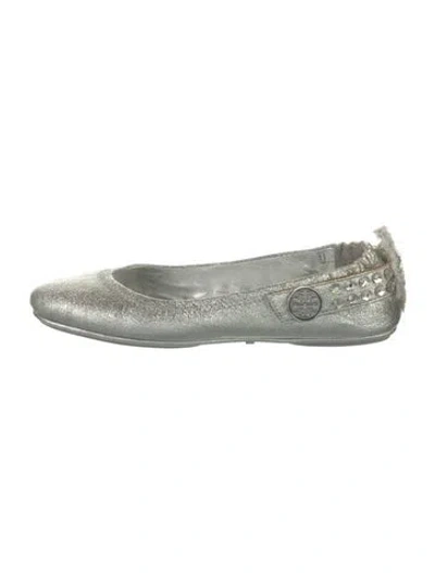 Pre-owned Tory Burch Leather Crystal Embellishments Ballet Flats In Silver