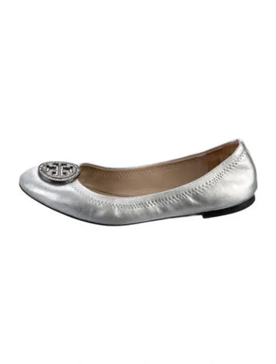 Pre-owned Tory Burch Leather Crystal Embellishments Ballet Flats In Silver