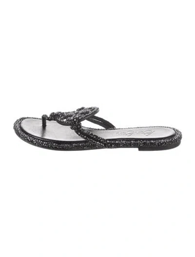 Pre-owned Tory Burch Leather Crystal Embellishments Flip Flops In Black