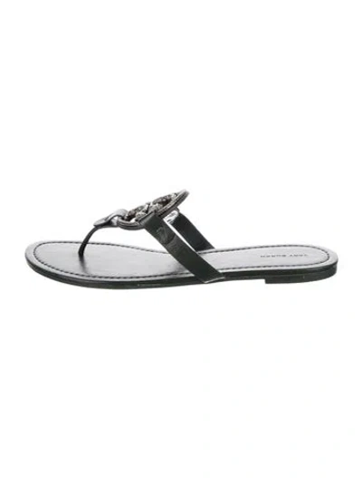 Pre-owned Tory Burch Leather Crystal Embellishments Flip Flops In Green