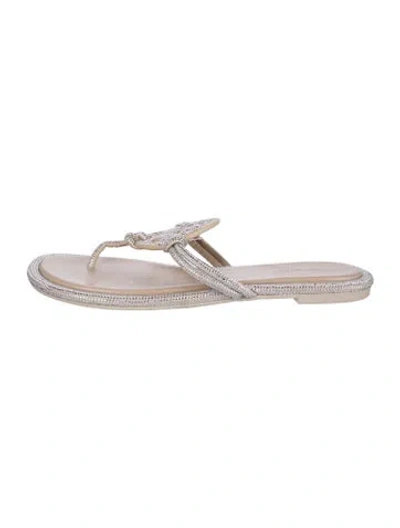 Pre-owned Tory Burch Leather Crystal Embellishments Flip Flops In Neutrals/silver