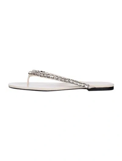 Pre-owned Tory Burch Leather Crystal Embellishments Flip Flops In White