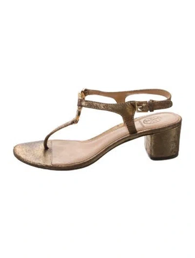 Pre-owned Tory Burch Leather Crystal Embellishments T-strap Sandals