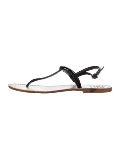 Pre-owned Tory Burch Leather Crystal Embellishments T-strap Sandals In Silver
