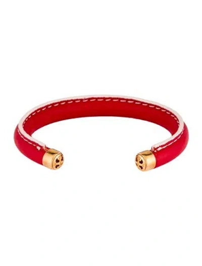 Pre-owned Tory Burch Leather Cuff Bracelet, 6.5" In Red